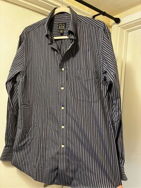 Jos A Bank Navy and White Striped Button Down Preppy Over Shirt